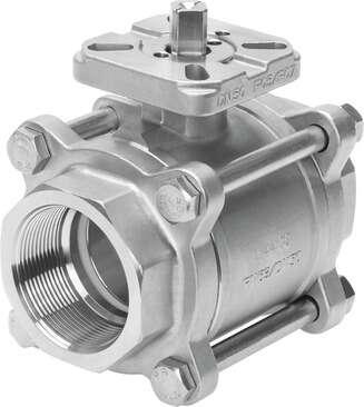 Festo 1686648 ball valve VZBA-21/2"-GG-63-T-22-F0710-V4V4T 2/2-way, flange hole pattern F0710, thread EN 10226-1. Design structure: 2-way ball valve, Type of actuation: mechanical, Sealing principle: soft, Assembly position: Any, Mounting type: Line installation