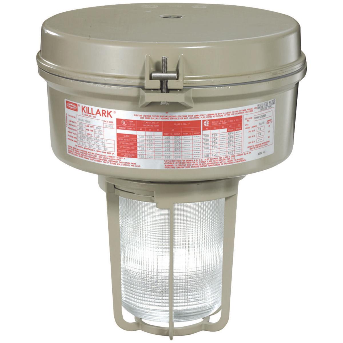 Hubbell VM3P150F2GLG VM3 Series - 150W Metal Halide Quadri-Volt - 3/4" Flexible Pendant - Globe and Guard  ; Ballast tank and splice box – corrosion resistant copper-free aluminum alloy with baked powder epoxy/polyester finish, electrostatically applied for complete, uniform 