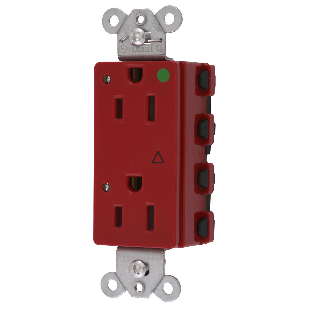 Hubbell SNAP2172RIGL Straight Blade Devices, Receptacles, Style Line Decorator, SNAPConnect, Hospital Grade, Isolated Ground, LED Indicator, 15A 125V, 2-Pole 3- Wire Grounding, 5-15R, Nylon, Red  ; Audible SNAP, indicates solid connection ; Reduces installation time ; Isolate