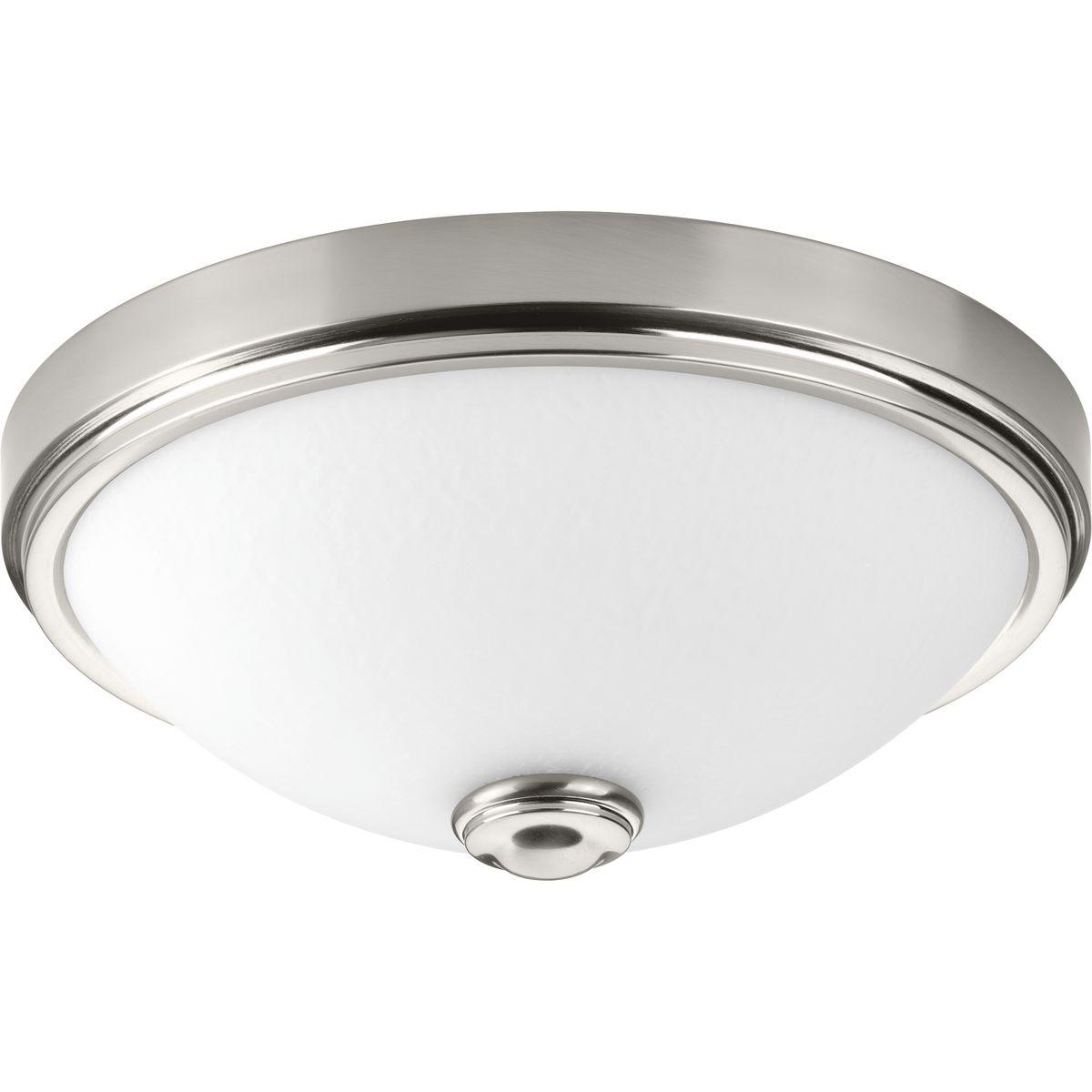 Hubbell P350007-009-30 One-light 15 inch LED Flush Mount in Brushed Nickel features a white linen glass bowl. Fixtures are dimmable to 10 percent with Triac, phase forward or ELV dimmers. 3000K and 90 CRI.  ; Brushed Nickel finish. ; Dimmable to 10% with many Triac/Forward Phas