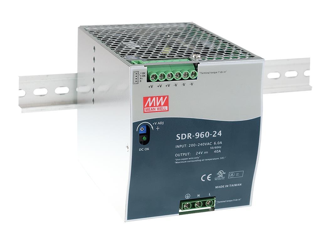 MEAN WELL SDR-960-24 AC-DC Industrial DIN rail power supply; Output 24Vdc at 40A; Metal casing; Ultra slim width 110mm; Parallel function