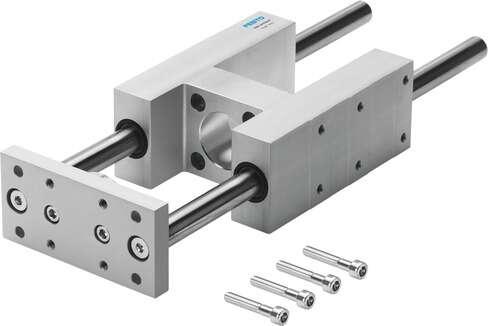 Festo 150290 guide unit FENG-32-400-KF with recirculating ball bearing guide, serves for protection against rotation, provides a high accuracy of guidance. Size: 32, Stroke: 400 mm, Assembly position: Any, Guide: Recirculating ball bearing guide, Design structure: Gui