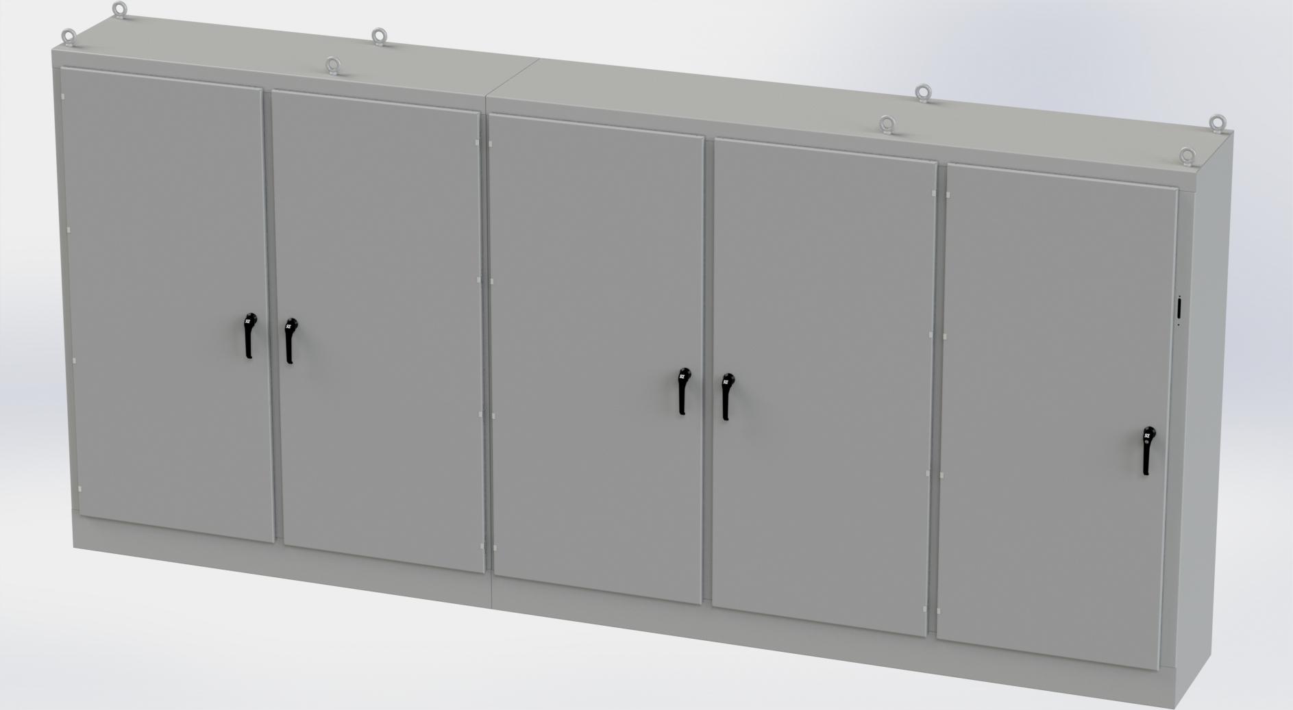 Saginaw Control SCE-90XM5EW24 5DR XM Enclosure, Height:90.00", Width:196.75", Depth:24.00", ANSI-61 gray powder coating inside and out. Sub-panels are powder coated white.