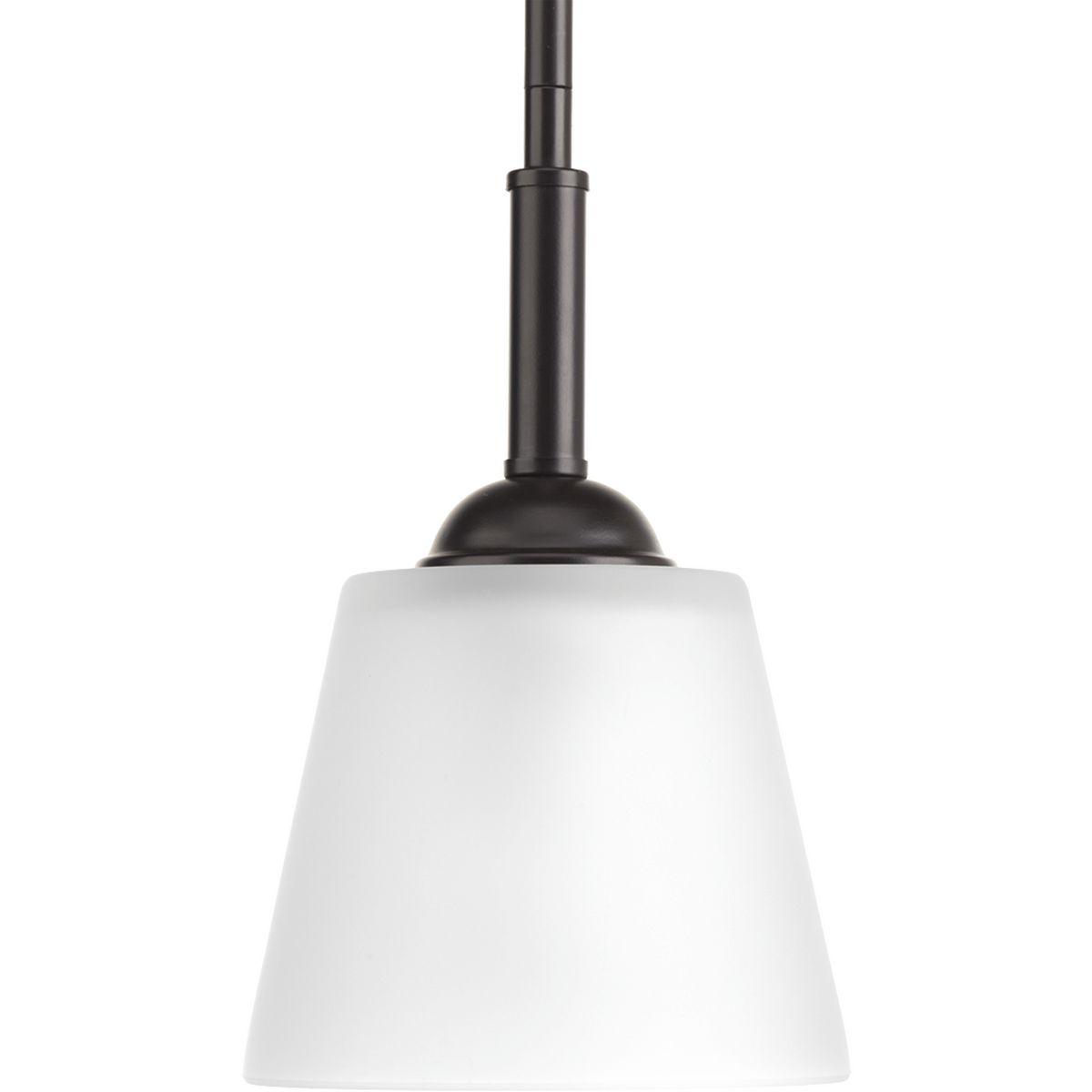 Hubbell P5092-20 The one-light mini-pendant from the Arden collection offers a comfortable silhouette that is both rustic and modern. A substantial stem suspends etched glass. This transitional style fixture is finished in Antique Bronze.  ; Rustic and modern styling. ; F