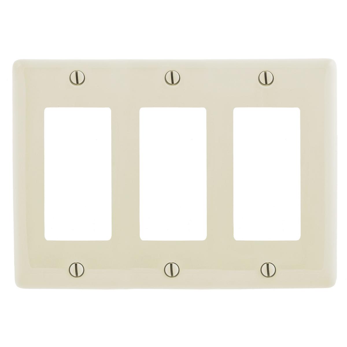 Hubbell NP263LA Wallplates and Box Covers, Wallplate, Nylon, 3-Gang, 3) Decorator, Light Almond  ; Reinforcement ribs for extra strength ; Captive screw feature holds mounting screw in place ; High-impact, self-extinguishing nylon material ; Standard Size is 1/8" larger 