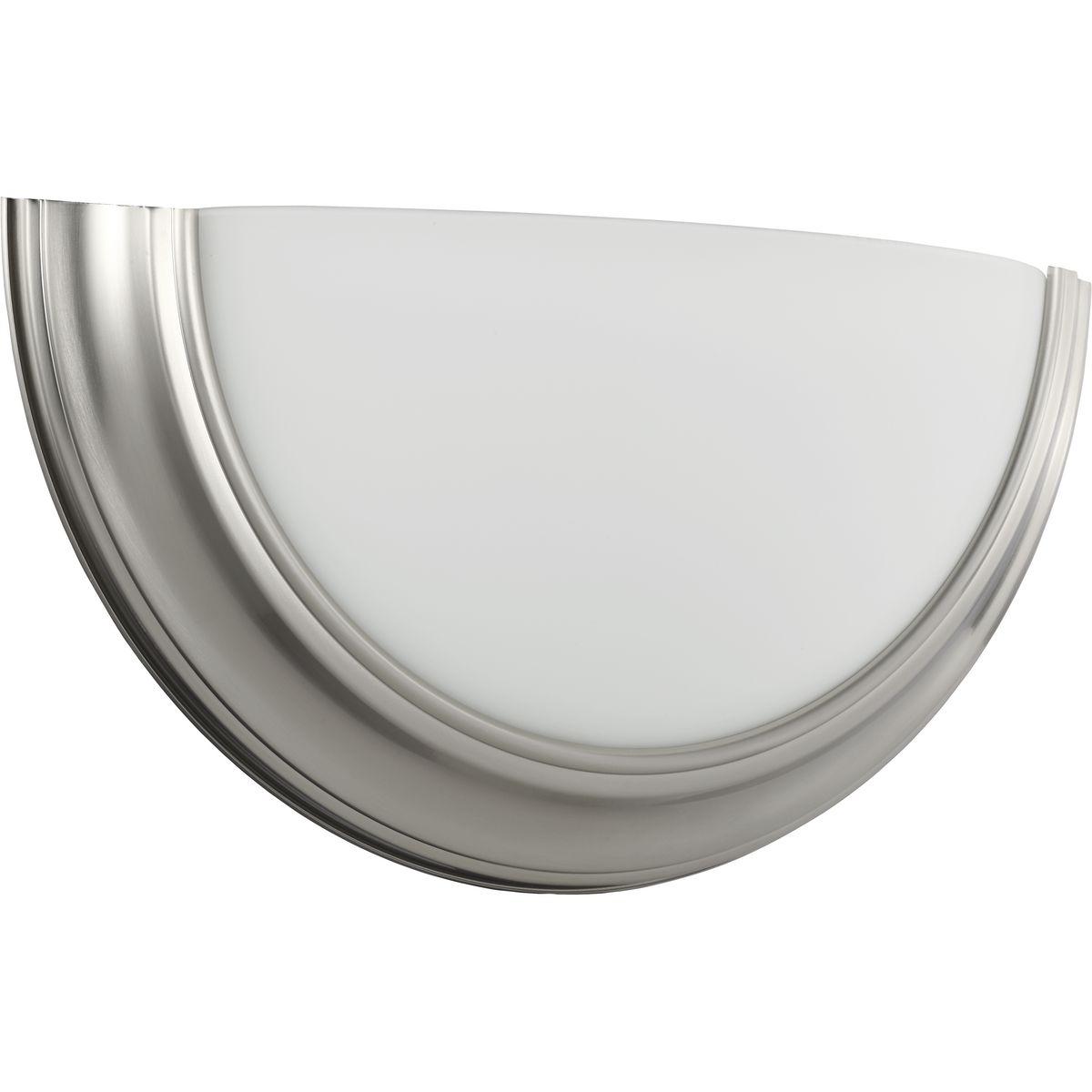 Hubbell P710090-009-30 This wall sconce offers contemporary styling perfect for residential and commercial settings. A satin white glass shade as been crafted in a captivating half-moon silhouette. The shade is cradled in a beveled brushed nickel metal frame for a classic touch