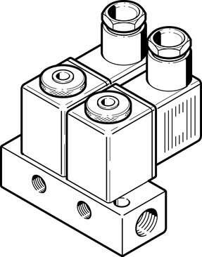 Festo 4522 solenoid valve BMFH-2-3-M5 With solenoid coils and sockets, manual operation, connection M5. Also available without sockets with order suffix "-OD" (for reduced price). Specify voltage when ordering. Valve function: 2x3/2 closed, monostable, Type of actua