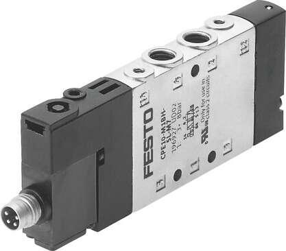 Festo 550224 solenoid valve CPE10-M1CH-5LS-M7 Very compact assembly, with M8 plug connection. Valve function: 5/2 monostable, Type of actuation: electrical, Width: 10 mm, Standard nominal flow rate: 350 l/min, Operating pressure: -0,9 - 10 bar