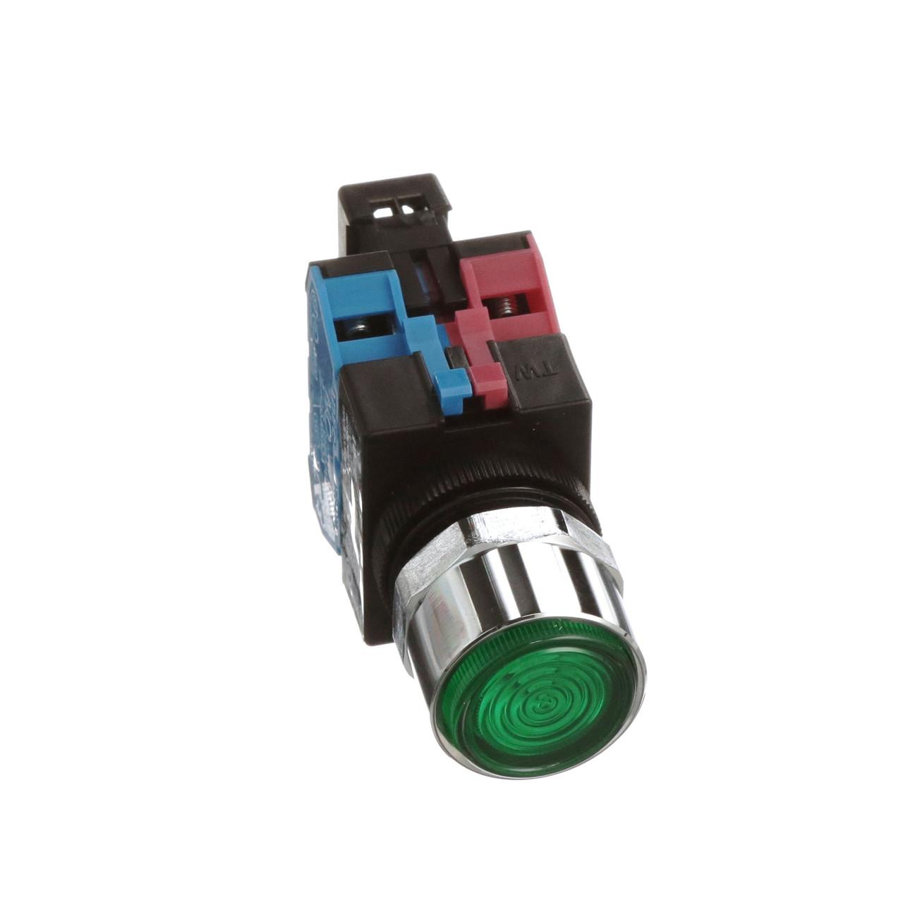 Idec ALFW29911D-G-24V 22mm Pushbutton Illuminated, Corrosion resistant octagonal chrome plated locking bezel, Snap on 10A contacts, Modular contruction for maximum flexibility, NEMA 4X and IP65 watertight/oiltight panel sealing, Available assembled or as sub-components, UL Lis