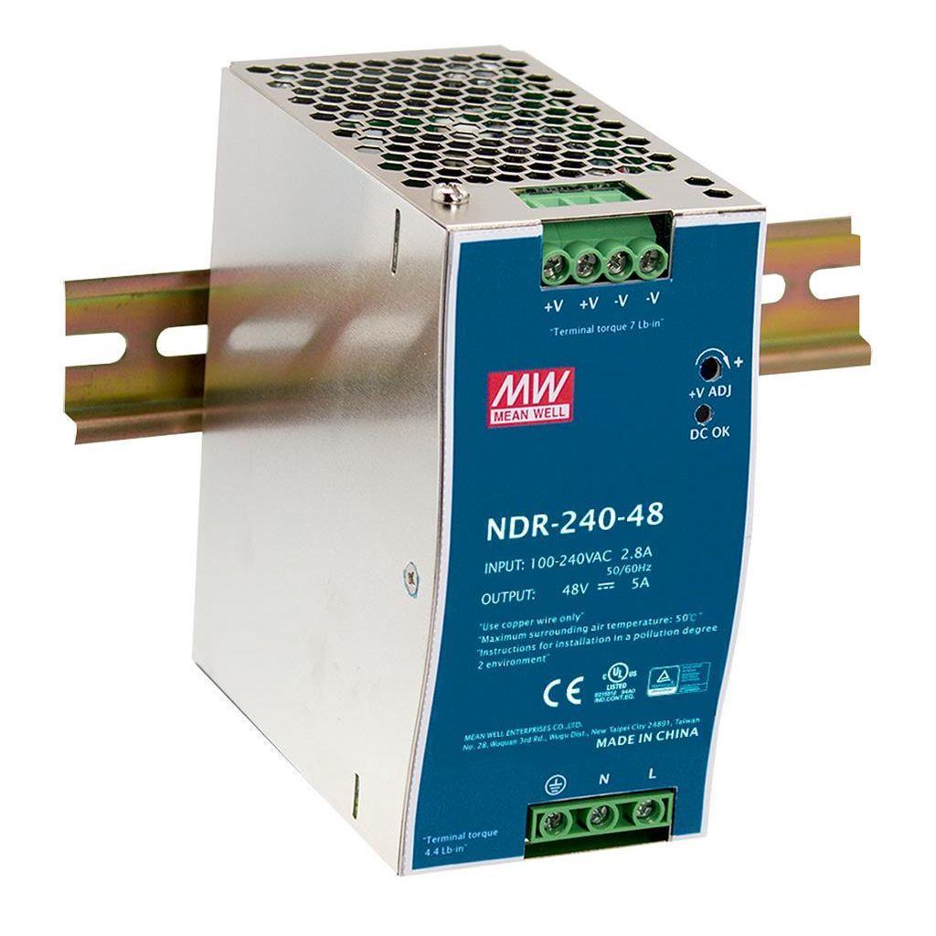 MEAN WELL NDR-240-48 AC-DC Single output Industrial DIN rail power supply; Output 48Vdc at 5A; metal case