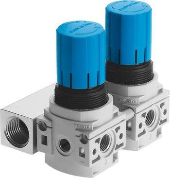 Festo 540040 pressure regulator combination LRB-1/4-DB-7-O-K2-MINI Combination of 2, 3, 4 or 5 directly controlled piston pressure regulator on P manifold, without pressure gauge. Size: Mini, Series: DB, Actuator lock: Rotary knob with lock, Assembly position: Any, De