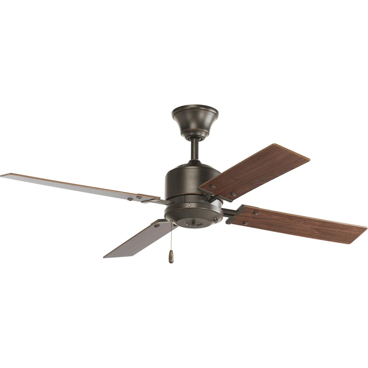 Hubbell P2531-20 52" four-blade Fan with reversible Medium Cherry/Classic Walnut blades and an Antique Bronze finish. The Clifton Heights ceiling fan offers great performance and value. This contemporary styled fan features a powerful, 3-speed motor that can be reversed t