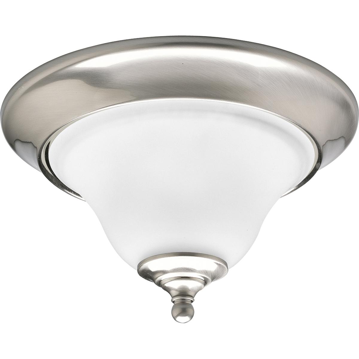 Hubbell P3475-09 One-light close-to-ceiling fixture featuring soft angles, curving lines and etched glass shades. Gracefully exotic, the Trinity Collection offers classic sophistication for transitional interiors. Sculptural forms of metal and glass are enhanced by a clas