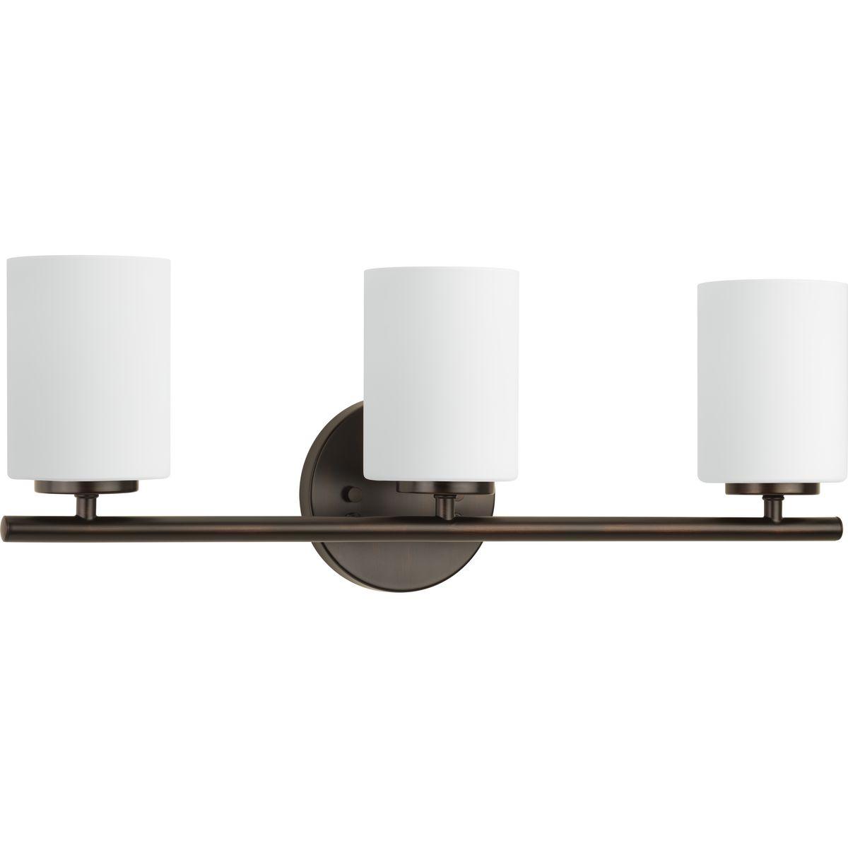 Hubbell P2159-20 Three-light bath & vanity from the Replay Collection, smooth forms, linear details and a pleasingly elegant frame enhance a simplified modern look. Fixture can be mounted up or down. Antique Bronze finish.  ; Ideal for a bathroom ; Perfect for modern and 