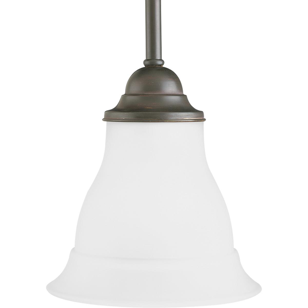 Hubbell P5096-20 One-light mini-pendant featuring soft angles, curving lines and etched glass shades. Gracefully exotic, the Trinity Collection offers classic sophistication for transitional interiors. Sculptural forms of metal and glass are enhanced by a classic finish. 