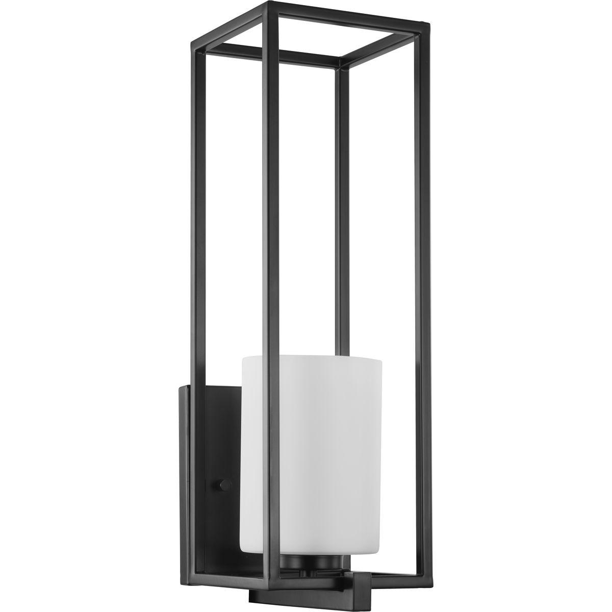 Hubbell P710089-031 Stick with simple geometric forms and clean crisp lines with this modern wall bracket. A beautiful opal glass shade visually calms the sharp edges of the boxy frame in a masterful stroke of design excellence. The frame is coated in a classic black finish 