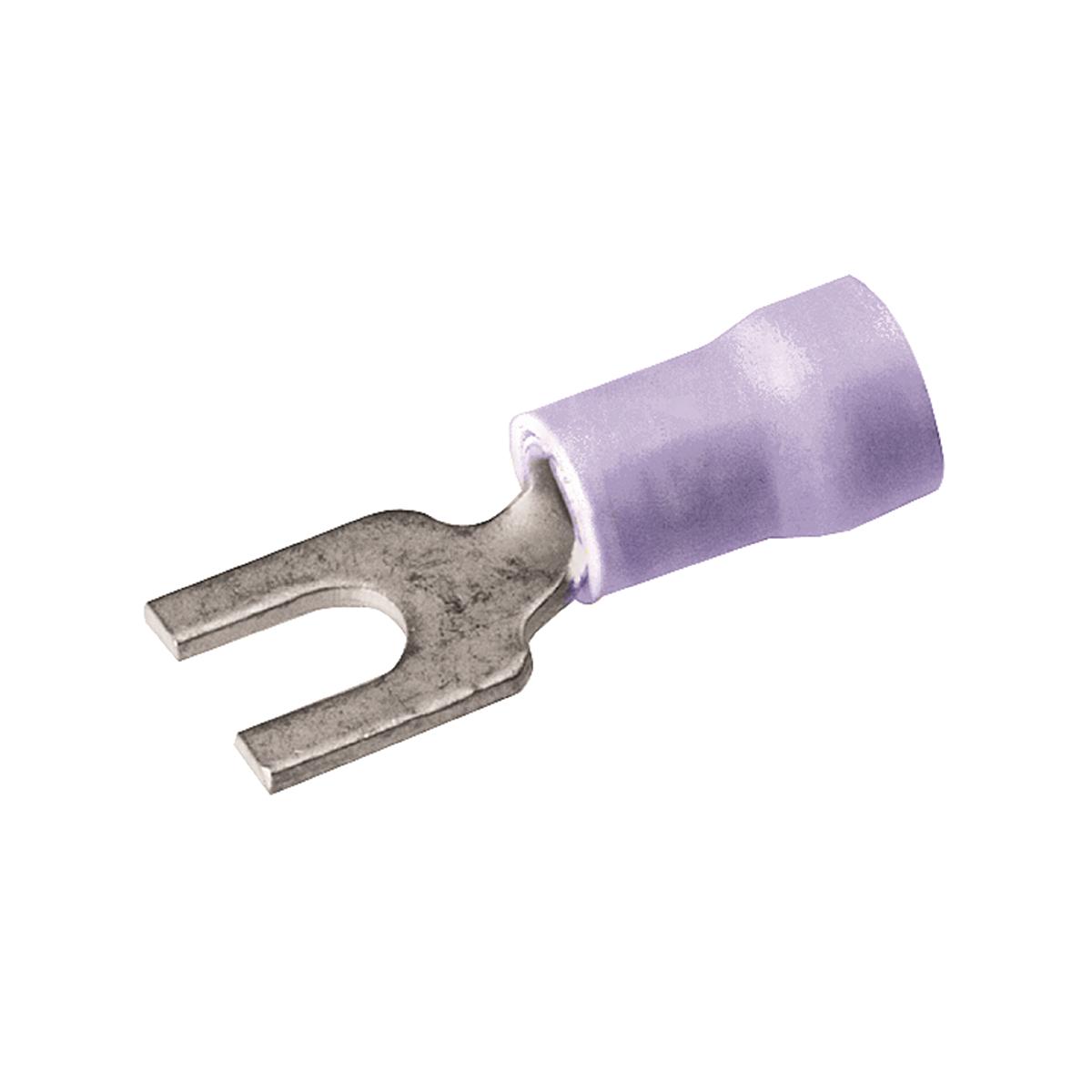 Hubbell BA14EF6M Polyvinylchloride Insulated Compression Terminal; Fork Tongue; Accommodates: #16 - #14 AWG; Stud: #6; Mylar Tape Mounted; 600 V Max.; 105 Degree C Max.  ; Fork terminals are constructed of pure electrolytic copper ; Long brazed seam barrel with deep V gro