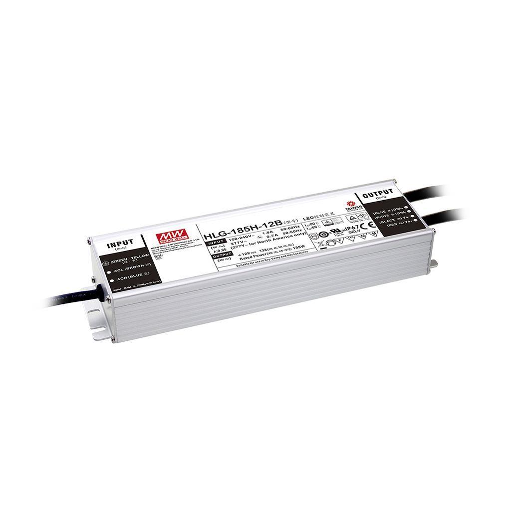 MEAN WELL HLG-185H-20AB AC-DC Single output LED Driver Mix Mode (CV+CC) with PFC; Output 20Vdc at 9.3A; IP65; Dimming with 1-10Vdc 10V PWM resistance; Io and Vo adjustable through built-in potentiometer