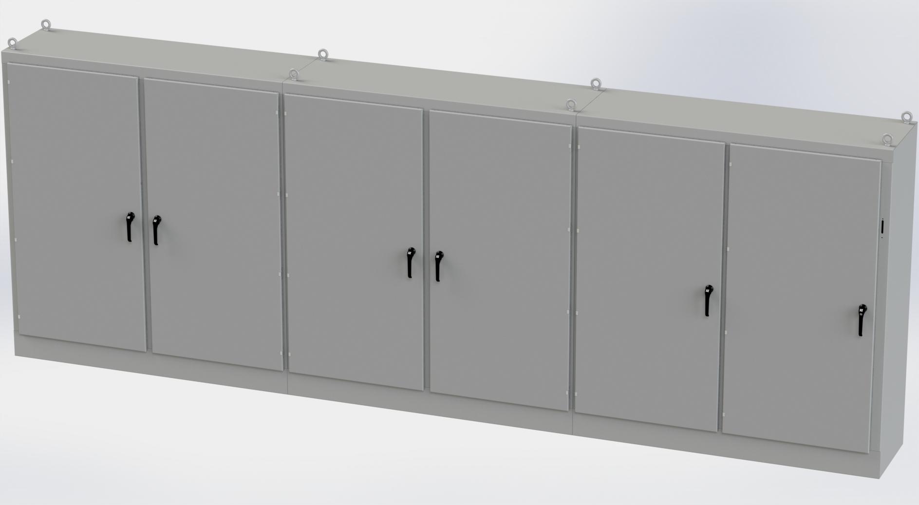 Saginaw Control SCE-84XM6EW24G 6DR XM Enclosure, Height:84.00", Width:235.00", Depth:24.00", ANSI-61 gray powder coating inside and out. Sub-panels are powder coated white.