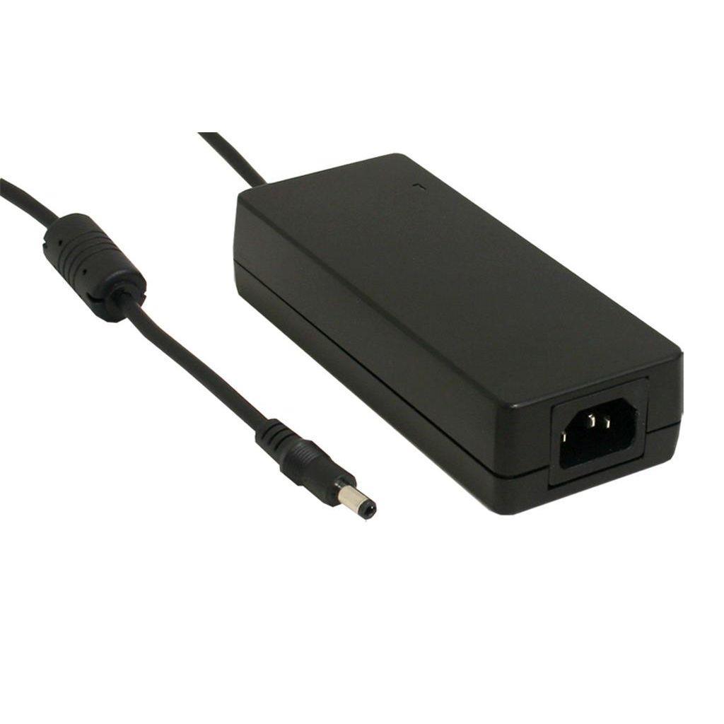 MEAN WELL GS90A19-P1M AC-DC Industrial desktop adaptor with 3 pin IEC320-C14 input socket; Output 19VDC at 4.74A with P1M tuning fork plug OD 5.5mm; ID 2.5mm; Length 9.5m; Class I; GS90A19-P1M is succeeded by GST90A19-P1M.