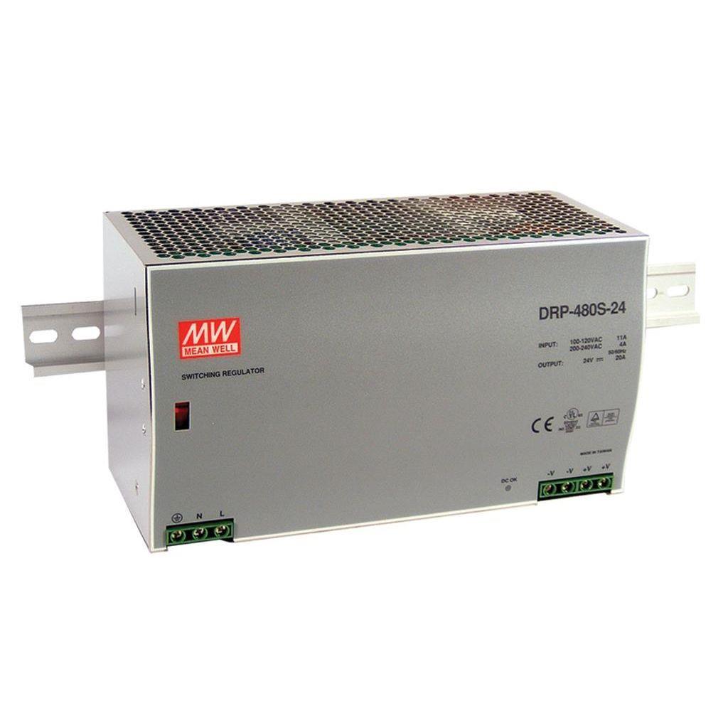 MEAN WELL DRP-480S-24 AC-DC Industrial DIN rail power supply; Output 24Vdc at 20A; metal case; EU input only; DRP-480S-24 is succeeded by NDR-480-24.