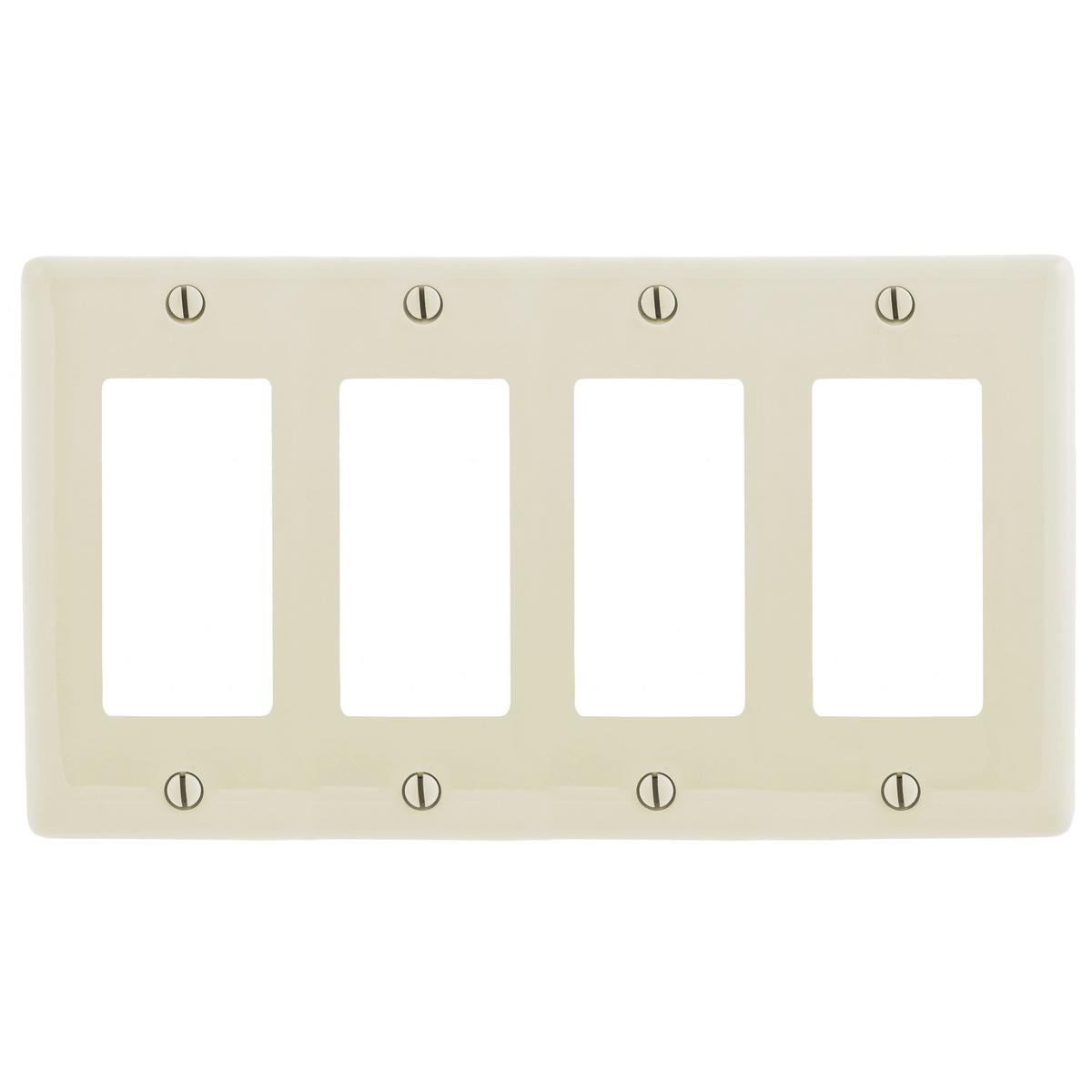 Hubbell NP264LA Wallplates and Box Covers, Wallplate, Nylon, 4-Gang, 4) Decorator, Light Almond  ; Reinforcement ribs for extra strength ; Captive screw feature holds mounting screw in place ; High-impact, self-extinguishing nylon material ; Standard Size is 1/8" larger 