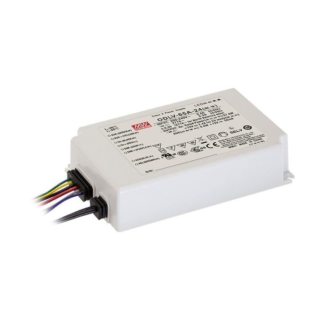 MEAN WELL ODLV-65A-12 AC-DC Constant Voltage LED Driver (CV) with PFC; Input range 180-295VAC; Output 12Vdc at 4.2A; 2 in 1 dimming with 0-10Vdc or PWM signal; Auxiliary output