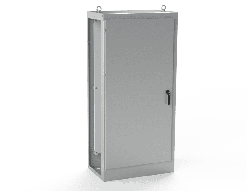 Saginaw Control SCE-MOD84X4024 1DR MOD Enclosure, Height:84.00", Width:40.00", Depth:24.00", ANSI-61 gray powder coating inside and out. Sub-panels are powder coated white.