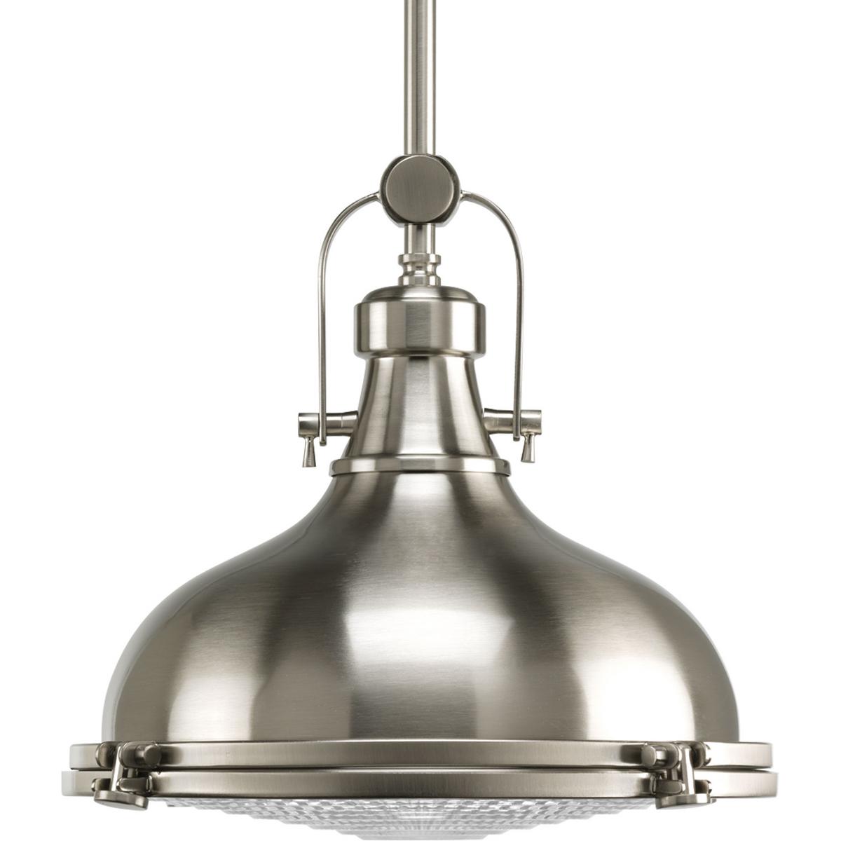 Hubbell P5188-0930K9 The one-light 12" pendant features industrial roots in both form and function. The Oil Brushed Nickel finish highlight the high-quality prismatic glass which adds to the historical aesthetic. Antique style fixture includes a hinge-locking nautical design.