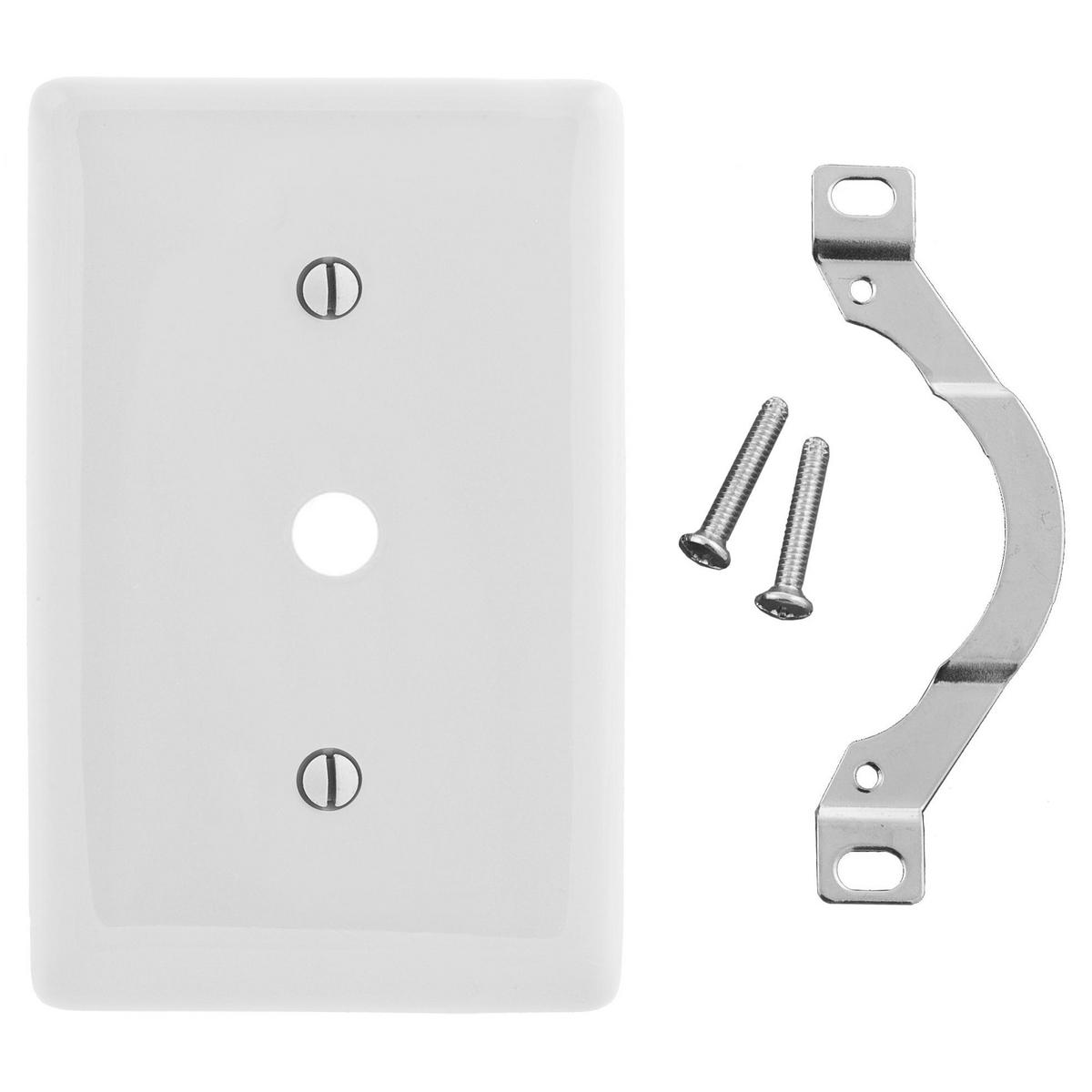 Hubbell NP12W Wallplates and Box Covers, Wallplate, Nylon, 1-Gang, .406" Opening, Strap Mount, Light Almond  ; Reinforcement ribs for extra strength ; High-impact, self-extinguishing nylon material ; Captive screw feature holds mounting screw in place ; Standard Size i