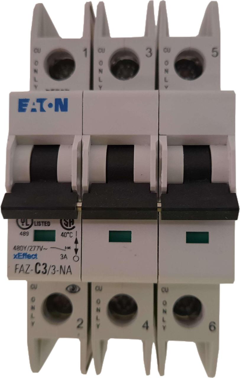 Eaton FAZ-C3/3-NA 277/480 VAC 50/60 Hz, 3 A, 3-Pole, 10/14 kA, 5 to 10 x Rated Current, Screw Terminal, DIN Rail Mount, Standard Packaging, C-Curve, Current Limiting, Thermal Magnetic