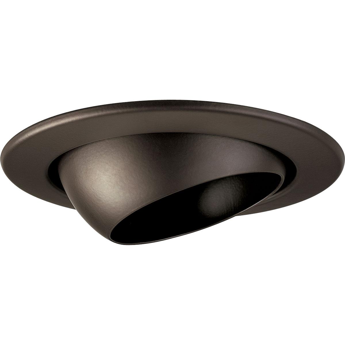 Hubbell P8046-20 4" Eyeball Trim in an Antique Bronze finish with unpainted flanges to match the baffle finish. 360 positioning, tilt 20. 5" outside diameter.  ; Antique Bronze finish. ; Matching flange. ; No light leaks around trim flange. ; One 40w PAR-16 or 30w R-20.