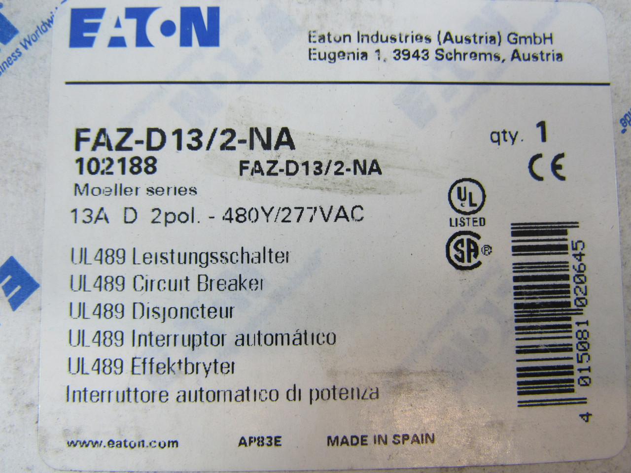 Eaton FAZ-D13/2-NA 277/480 VAC 50/60 Hz, 13 A, 2-Pole, 10/14 kA, 10 to 20 x Rated Current, Screw Terminal, DIN Rail Mount, Standard Packaging, D-Curve, Current Limiting, Thermal Magnetic