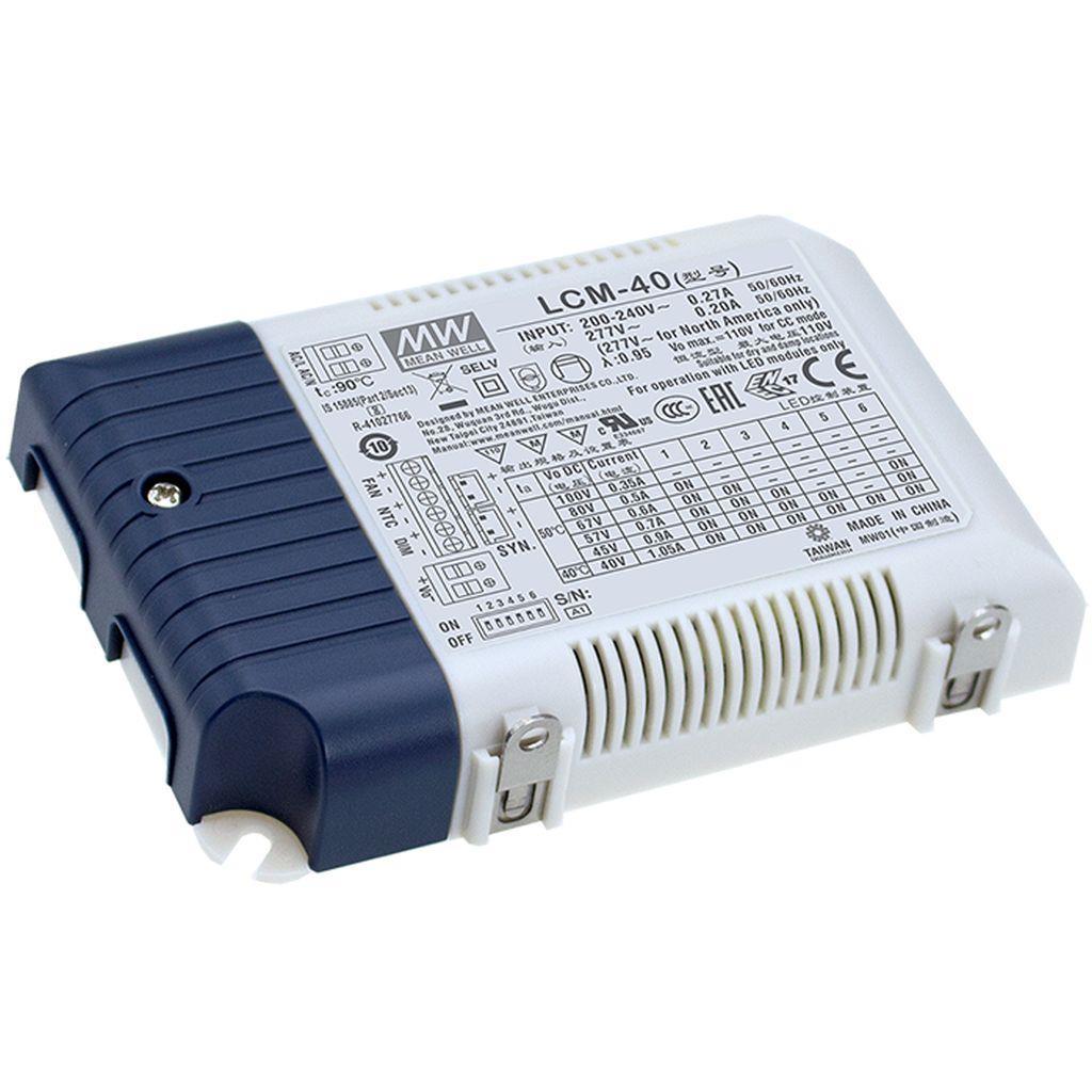 MEAN WELL LCM-40BLE-AUX AC-DC Multi-Stage LED driver Constant Current (CC); Modular output 0.35A/0.5A/0.6A/0.7A/0.9A/1.05A; extra 12Vdc at 50mA; Casambi Bluetooth control protocol and push dimming; Auxiliary DC output
