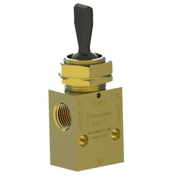 Humphrey 41TDS3 Manual Valves, Detented Lever Operated Valves, Number of Ports: 4 ports, Number of Positions: 3 positions, Valve Function: 4-way Detent & Spring Return, Exhaust Center, Piping Type: Inline, Direct Piping, Options Included: Panel Mounting Nuts, Approx Size