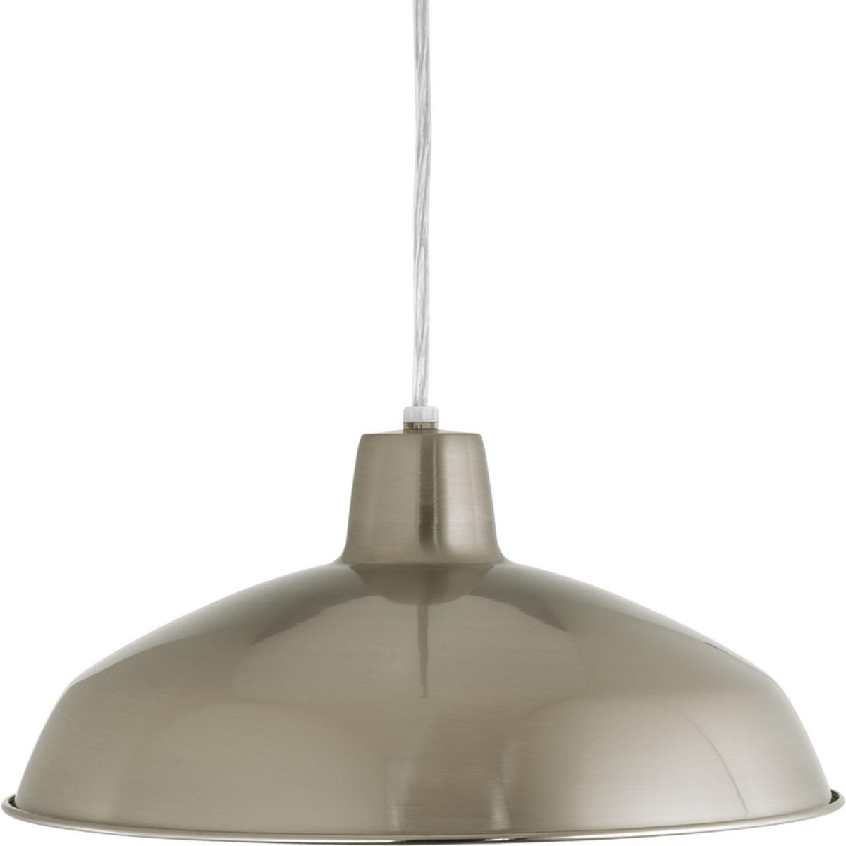 Hubbell P5094-0930K9 One-light LED industrial style warehouse cord-hung pendant with spun metal shade. Gloss white inside shade for reflectivity. 3000K, 90CRI, 1,211 lumens 71.2 lumens/watt per module (source). Brushed Nickel finish.  ; One-light LED industrial style warehous