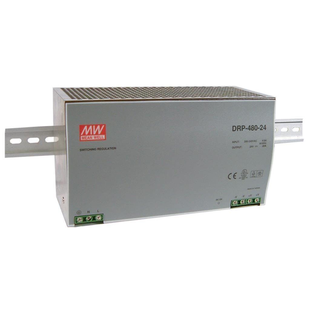 MEAN WELL DRP-480-48 AC-DC Industrial DIN rail power supply; Output 48Vdc at 10A; metal case; DRP-480-48 is succeeded by NDR-480-48.
