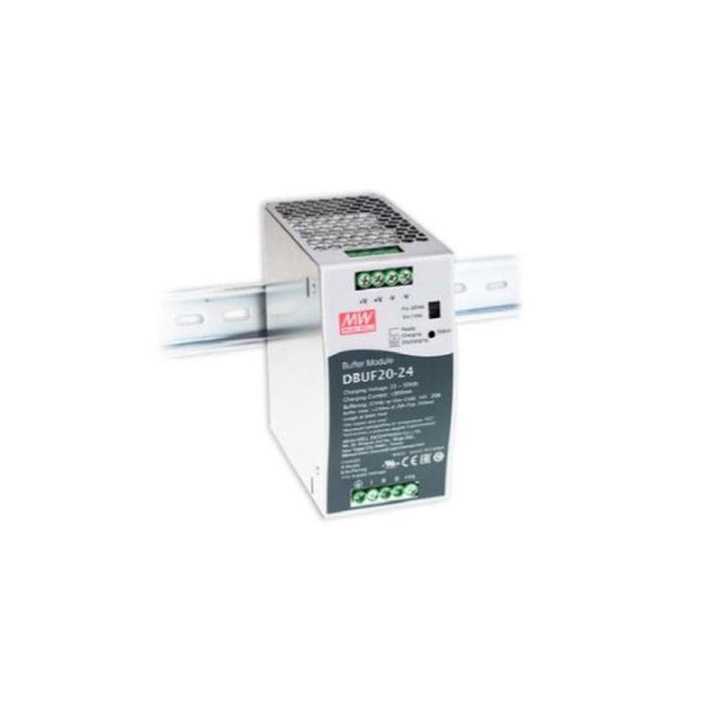 MEAN WELL DBUF20-24 20A DIN rail Buffer Module which is used with DIN rail power supplies to provide short-term backup for the load.