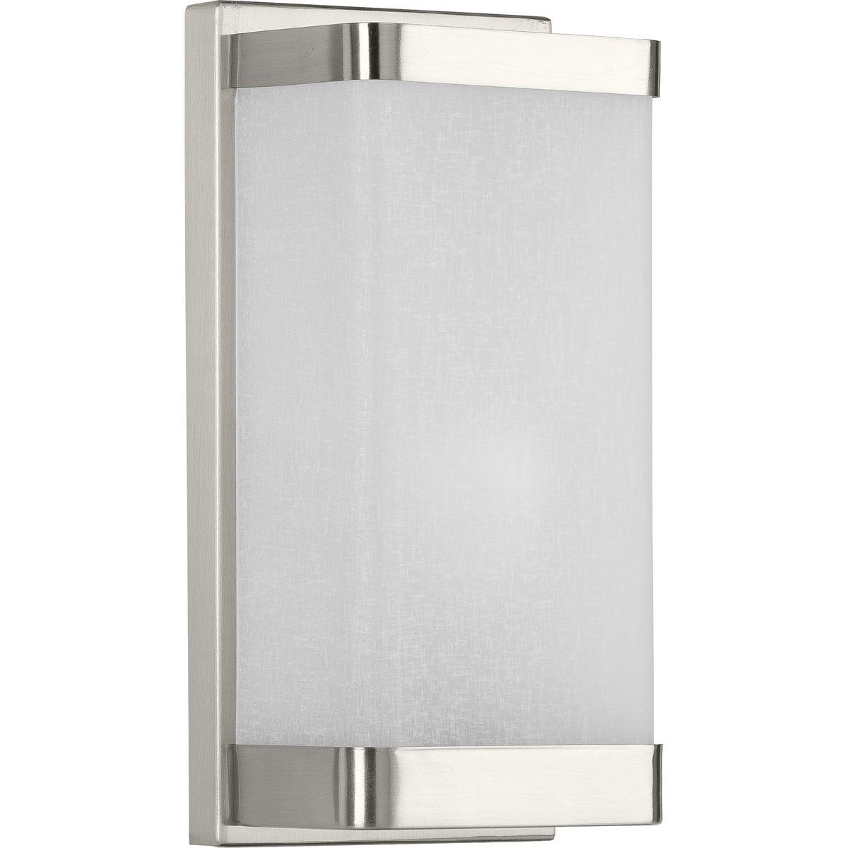 Hubbell P710072-009 With its stylish simplicity, the Linen Glass Sconce is a fitting, classic choice for adding extra lighting to any transitional interior. A Brushed Nickel frame and metal bands hold a clean, etched glass shade in its place as it emits soft, comfortable lig