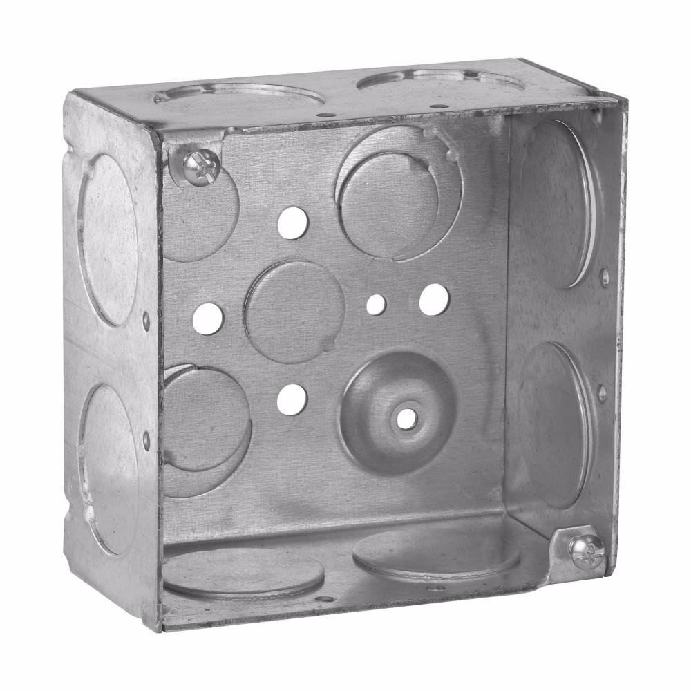 Eaton Corp TP436 Eaton Crouse-Hinds series Square Outlet Box, (2) 1/2", (2) 1/2", (1) 3/4" E, 4", Conduit (no clamps), Welded, 2-1/8", Steel, (8) 1", 30.3 cubic inch capacity