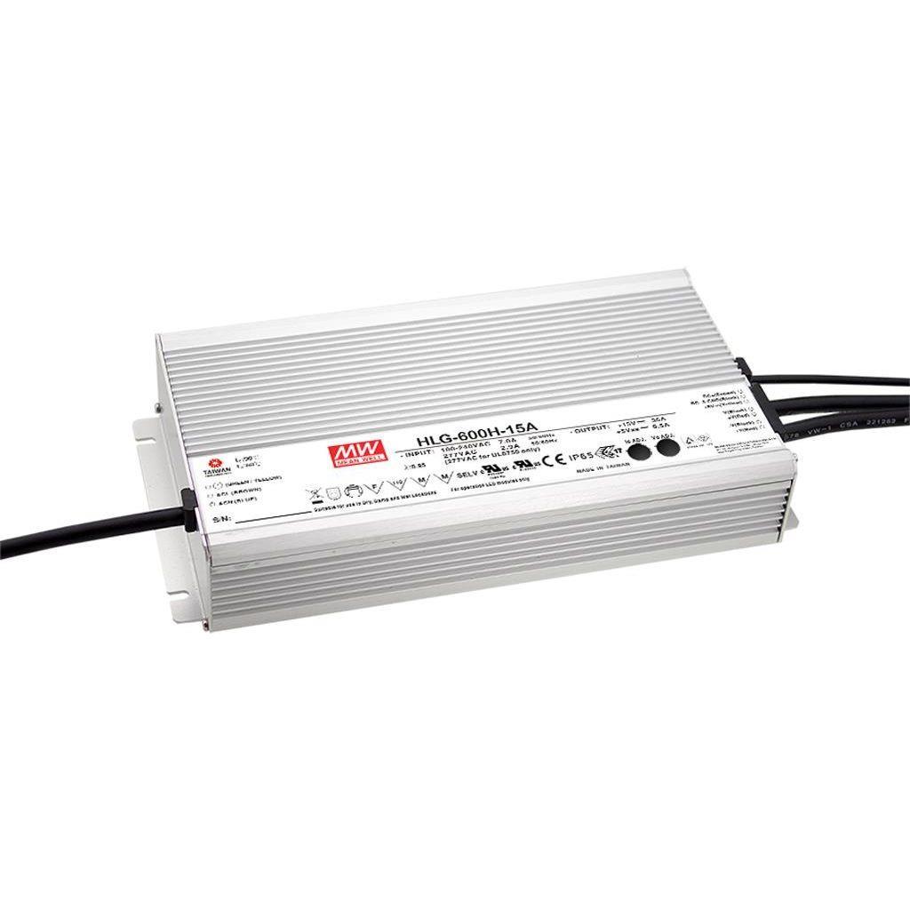 MEAN WELL HLG-600H-15A AC-DC Single output LED driver Mix mode (CV+CC) with built-in PFC; Output 15Vdc at 36A; IP65; Cable output; CC/CV adjust with Potentiometer