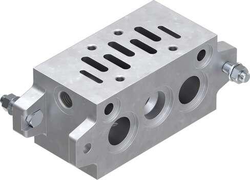 Festo 11305 manifold sub-base NAV-3/8-2C-ISO With port pattern as per DIN ISO 5599/1, for manifold assembly, connections underneath. Conforms to standard: ISO 5599-1, Authorisation: UL - Recognized (OL), Product weight: 400 g, Auxiliary pilot air port 12/14: G1/8, Pn