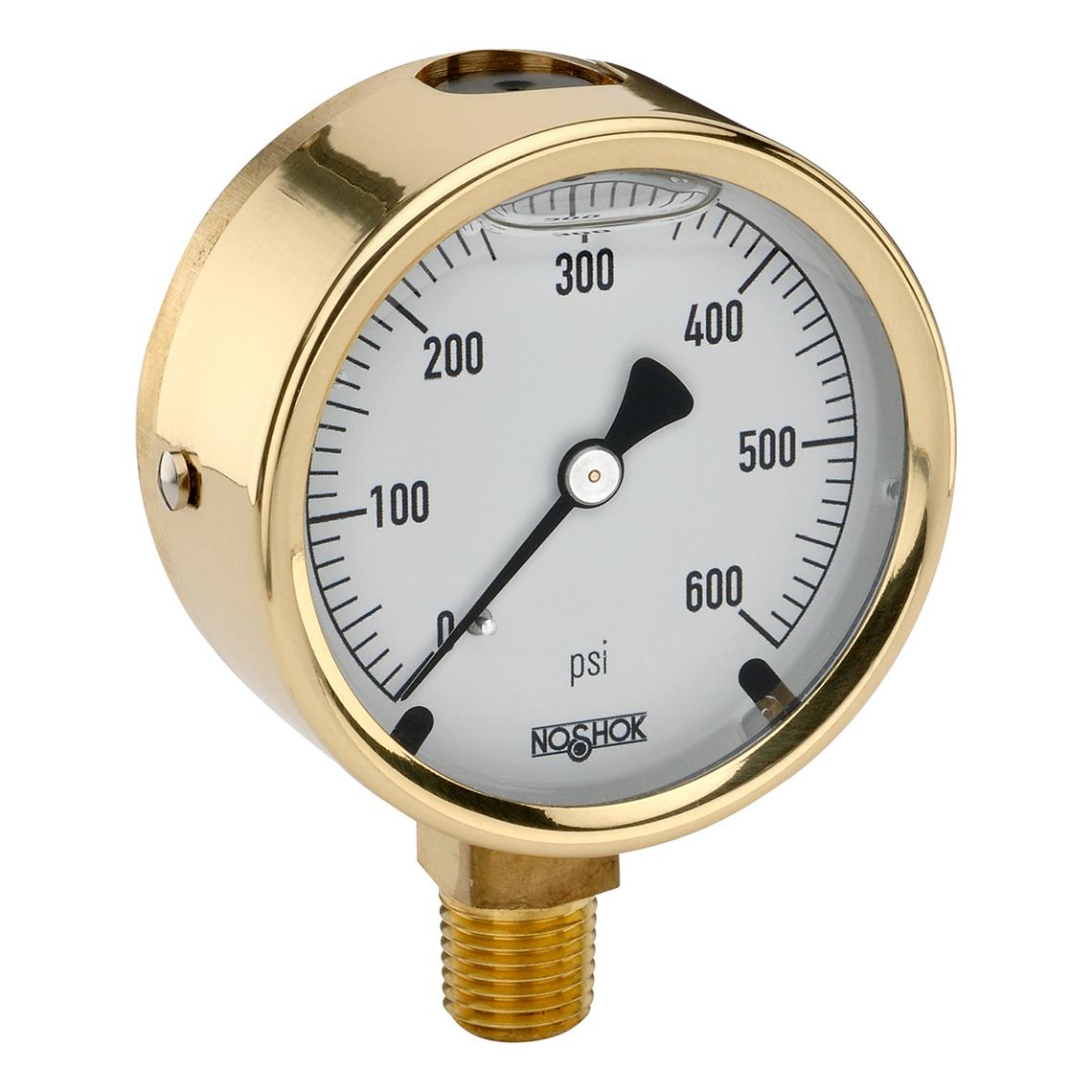 Noshok 25-300-300-PSI 2-1/2'' Brass Case, Copper Alloy Internals, 300 psi, 1/4'' National Pipe Thread (NPT) Male Bottom Connection Pressure Gauge with Glycerin Filled