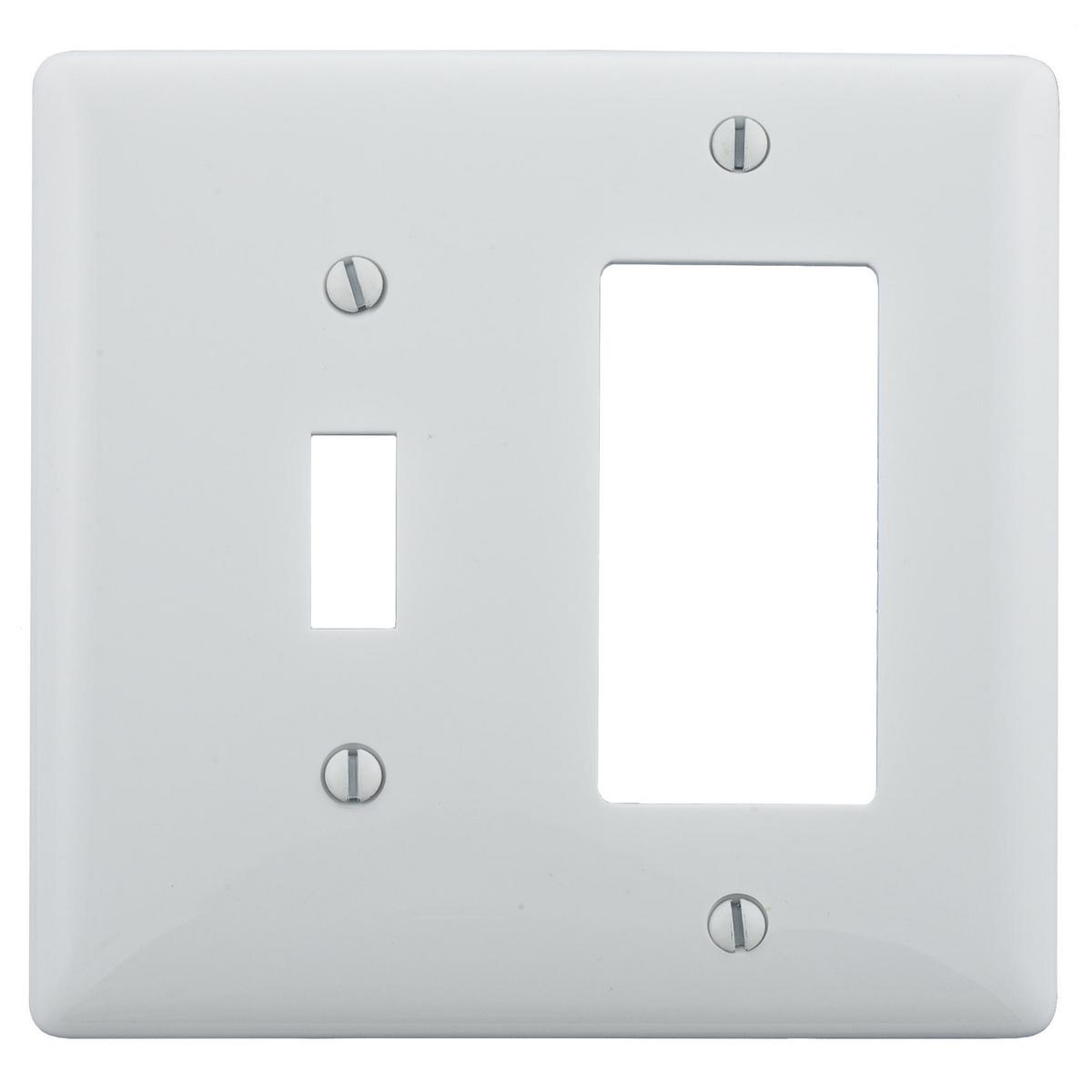 Hubbell NP126W Wallplates and Box Covers, Wallplate, Nylon, 2-Gang, 1) Toggle 1) Decorator, White  ; Reinforcement ribs for extra strength ; High-impact, self-extinguishing nylon material ; Captive screw feature holds mounting screw in place ; Standard Size is 1/8" larg