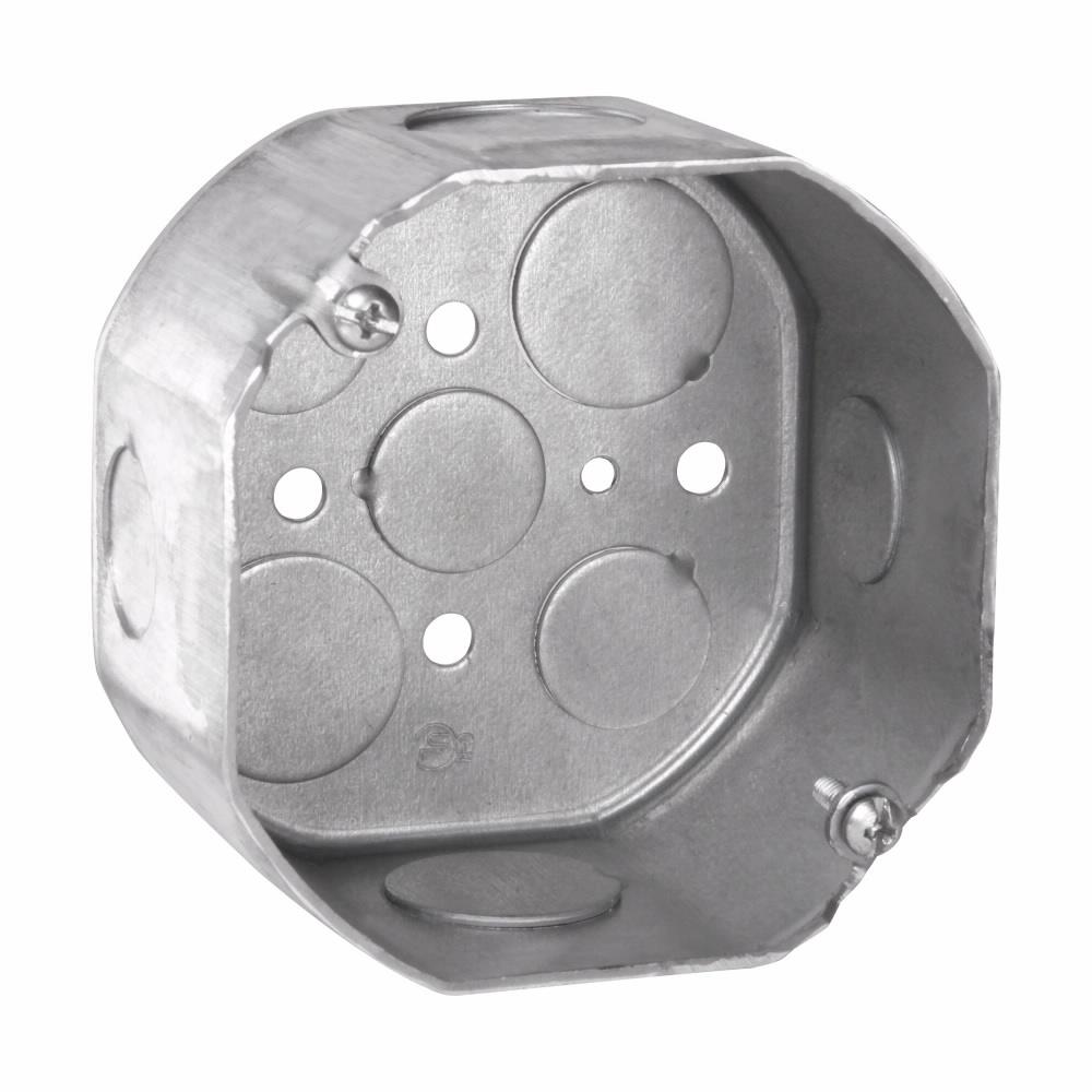 Eaton TP292 Eaton Crouse-Hinds series Octagon Outlet Box, (3) 1/2", (2) 3/4", 4", Conduit (no clamps), 2-1/8", Steel, (2) 1/2", (2) 3/4", Fixture rated, 21.5 cubic inch capacity