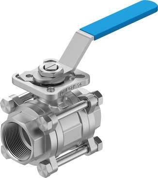 Festo 8096669 ball valve VZBE-11/2-T-63-T-2-F0507-M-V15V15 Design structure: 2-way ball valve, Type of actuation: mechanical, Sealing principle: soft, Assembly position: Any, Mounting type: Line installation