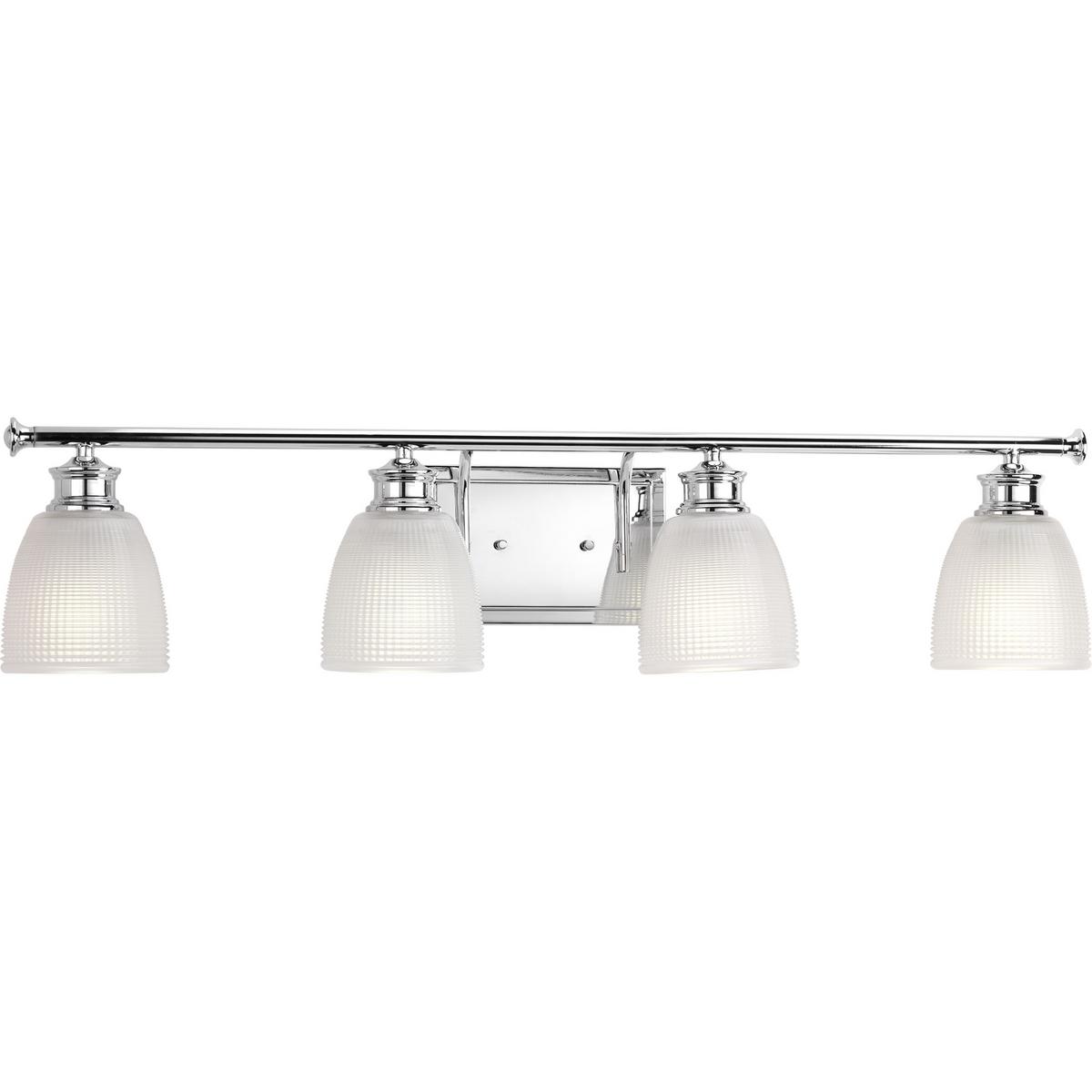 Hubbell P2118-15 Four-light bath from the Lucky Collection, with a distinctive design that evokes a vintage flair with finely crafted details. Light is beautifully illuminated through double prismatic frosted glass shades. Polished Chrome finish.  ; Ideal for a bathroom ;