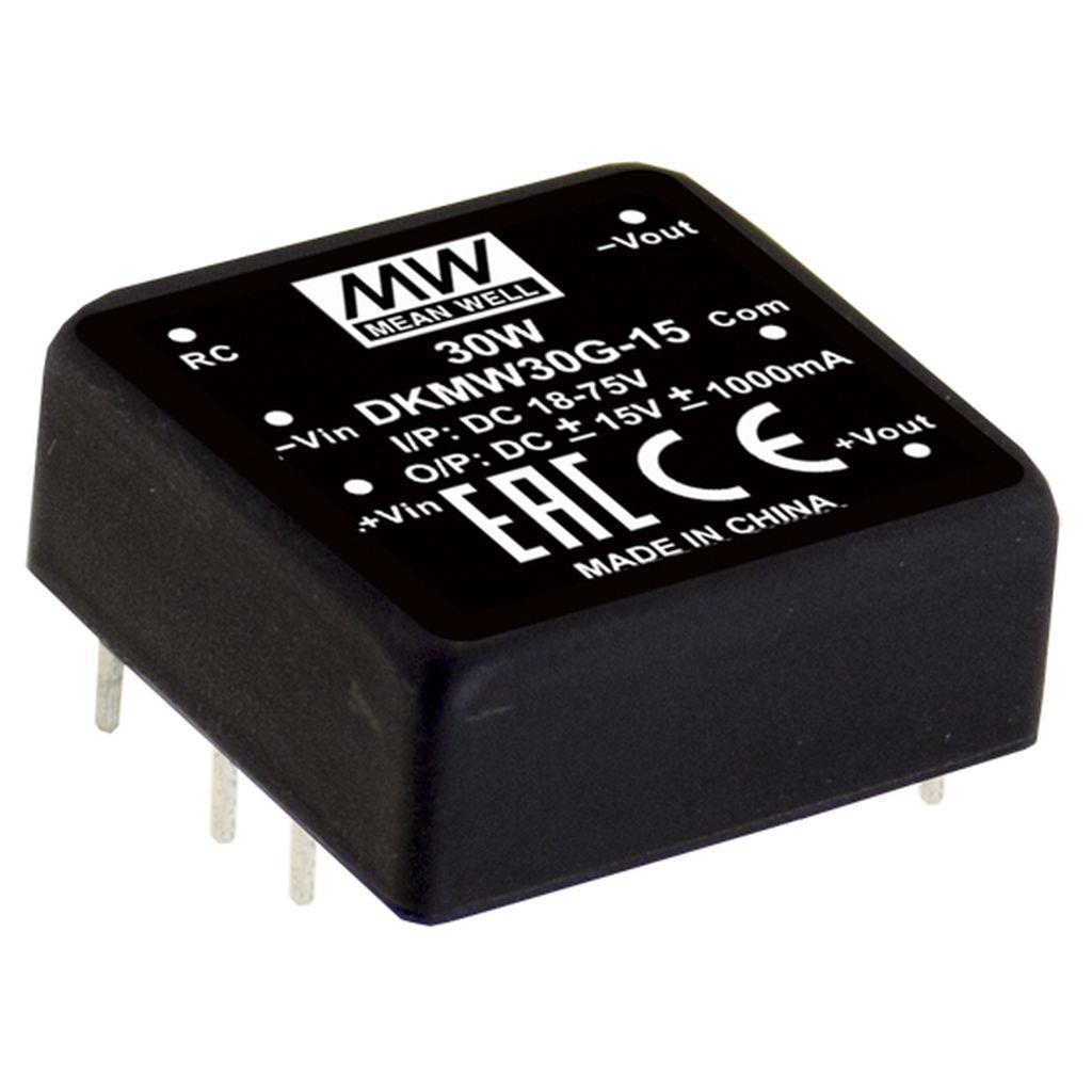 MEAN WELL DKMW30G-12 DC-DC Converter PCB mount; Input 18-75Vdc; Dual Output +-12Vdc at +-1.25A; DIP Through hole package; 1" x 1" ultra compact size; Remote ON/OFF