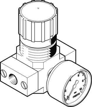 Festo 526263 pressure regulator LR-1/8-D-7-MICRO With threaded connection plate and pressure gauge Size: Micro, Series: D, Actuator lock: Rotary knob with lock, Assembly position: Any, Design structure: directly-controlled diaphragm regulator