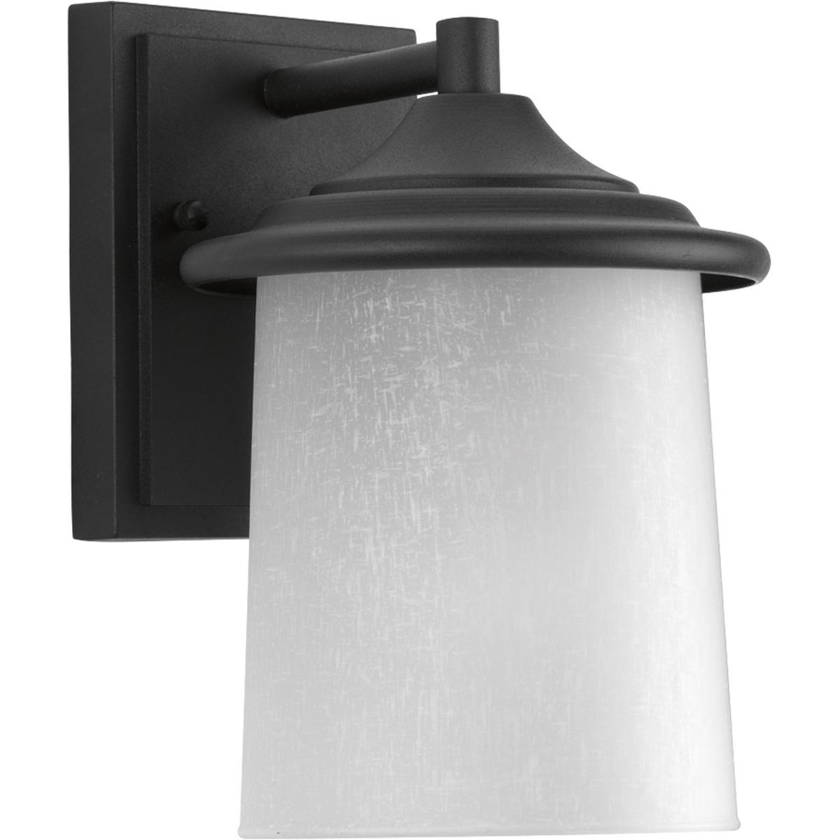 Hubbell P6059-31 Outdoor one-light small wall lantern with a white linen glass shade in a Black finish.  ; Black finish. ; White linen glass. ; Powdercoat finish.